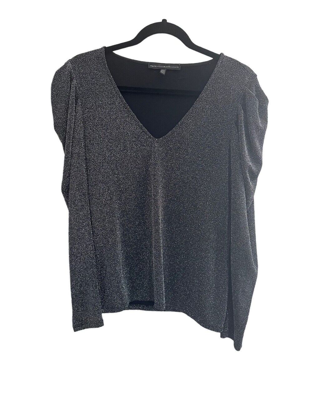 White House Black Market Small Metallic Silver Black Vneck Puff Sleeve Top #1692